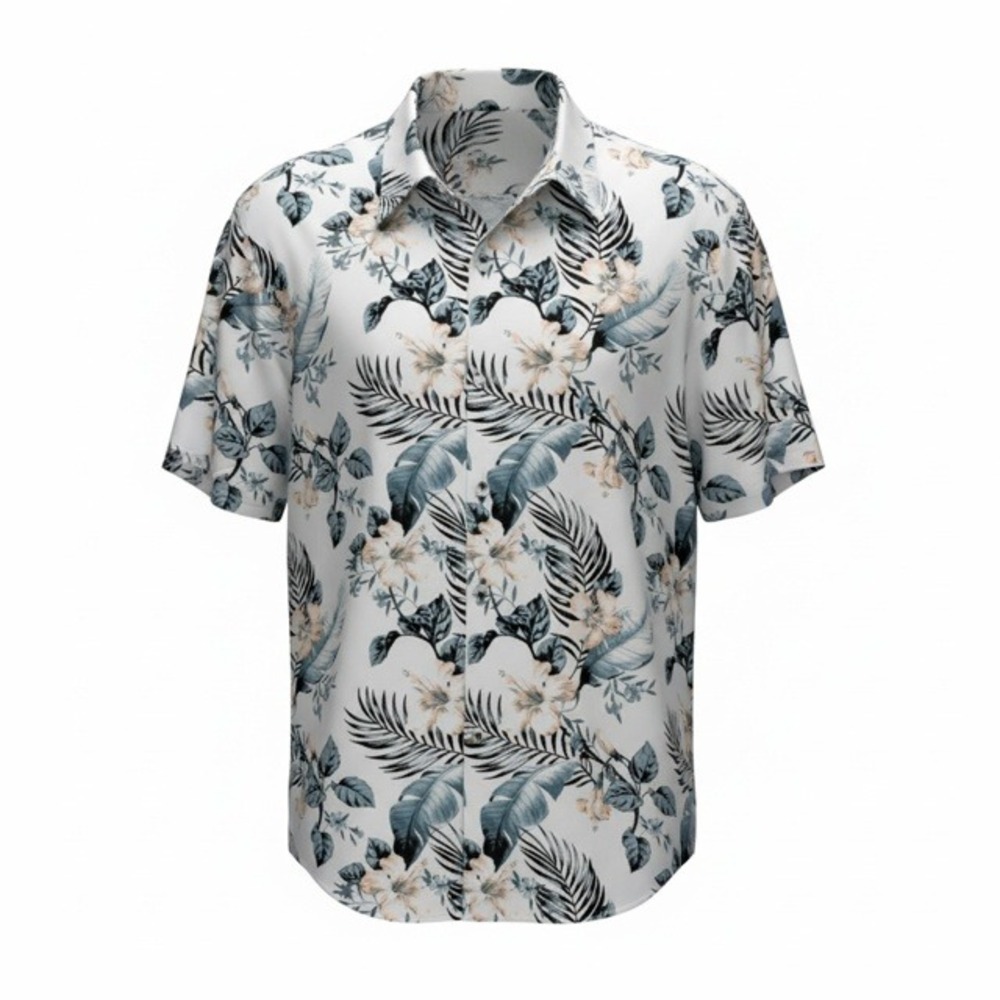 Cubavera Mens Large Blue Floral Palm Leaf‎ Tropical Short Sleeve Button Shirt